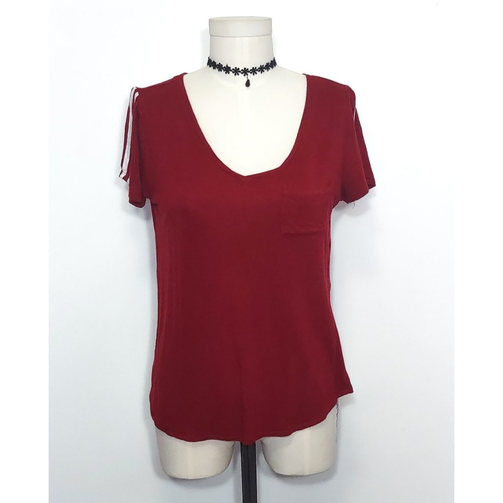 Burgundy Pocket Tee w/ Striped Sleeves